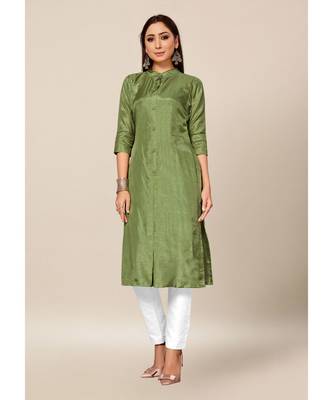 green Colour Dola Silk Plain quarter_sleeve Chinese Collar Stitch Kurtis 1