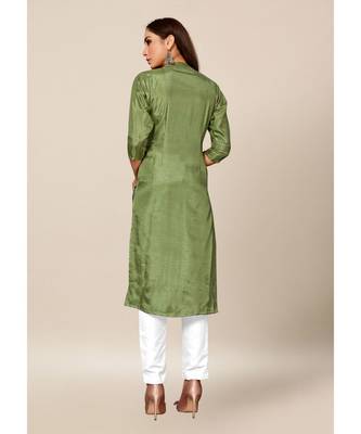 green Colour Dola Silk Plain quarter_sleeve Chinese Collar Stitch Kurtis 2