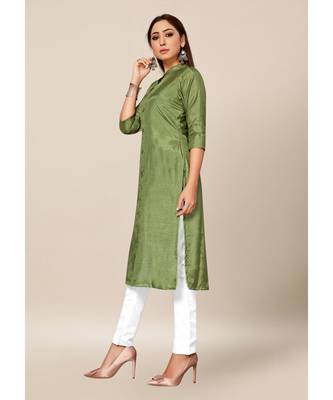 green Colour Dola Silk Plain quarter_sleeve Chinese Collar Stitch Kurtis 3