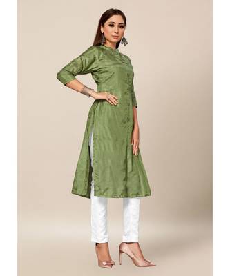 green Colour Dola Silk Plain quarter_sleeve Chinese Collar Stitch Kurtis 4