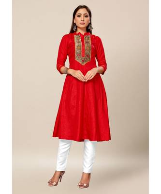 red Colour Dola Silk Jacquard Yoke quarter_sleeve Standing Collar Stitch Kurtis 1