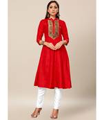 red Colour Dola Silk Jacquard Yoke quarter_sleeve Standing Collar Stitch Kurtis