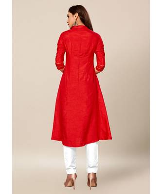 red Colour Dola Silk Jacquard Yoke quarter_sleeve Standing Collar Stitch Kurtis 2