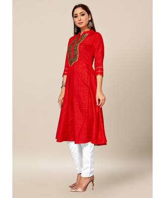 red Colour Dola Silk Jacquard Yoke quarter_sleeve Standing Collar Stitch Kurtis 3