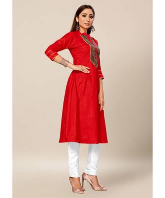 red Colour Dola Silk Jacquard Yoke quarter_sleeve Standing Collar Stitch Kurtis 4