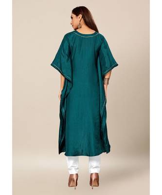 Teal Green Colour Dola Silk Plain free Style Round Neck Stitch Kaaftan 2