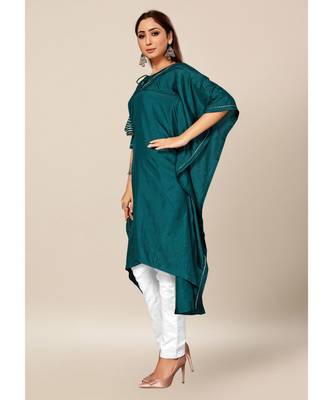 Teal Green Colour Dola Silk Plain free Style Round Neck Stitch Kaaftan 3