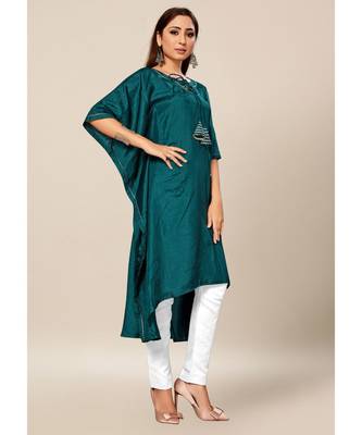 Teal Green Colour Dola Silk Plain free Style Round Neck Stitch Kaaftan 4