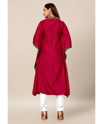Deep Pink Colour Dola Silk Plain free Style V neck Stitch Kaaftan 2