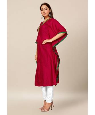 Deep Pink Colour Dola Silk Plain free Style V neck Stitch Kaaftan 3