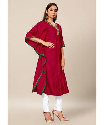 Deep Pink Colour Dola Silk Plain free Style V neck Stitch Kaaftan 4