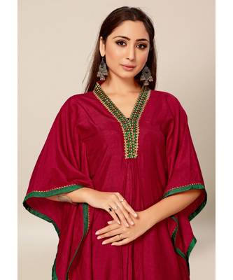 Deep Pink Colour Dola Silk Plain free Style V neck Stitch Kaaftan 5