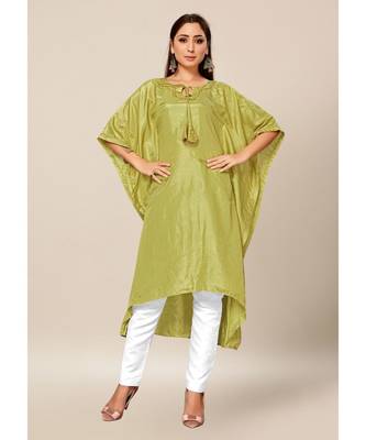Green Colour Dola Silk Plain free Style Round Neck Stitch Kaaftan 1