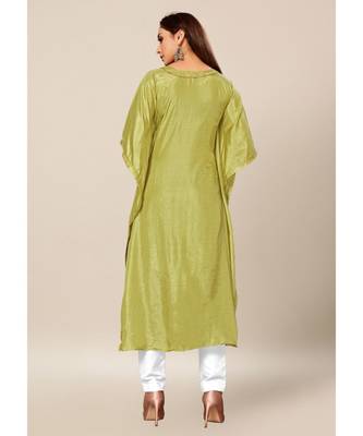 Green Colour Dola Silk Plain free Style Round Neck Stitch Kaaftan 2