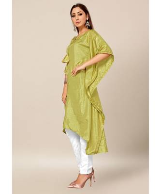 Green Colour Dola Silk Plain free Style Round Neck Stitch Kaaftan 3