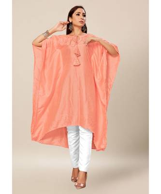 Salmon Pink Colour Dola Silk Plain free Style Round Neck Stitch Kaaftan 1