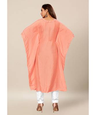 Salmon Pink Colour Dola Silk Plain free Style Round Neck Stitch Kaaftan 2