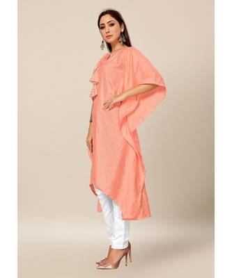 Salmon Pink Colour Dola Silk Plain free Style Round Neck Stitch Kaaftan 3