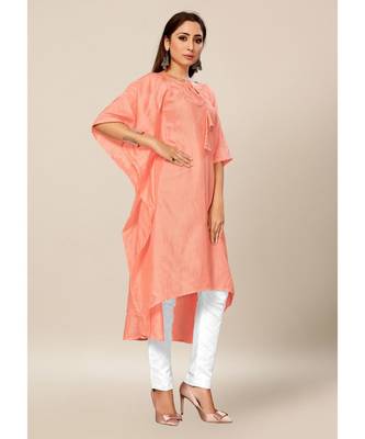 Salmon Pink Colour Dola Silk Plain free Style Round Neck Stitch Kaaftan 4