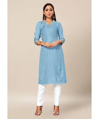 light blue Colour Dola Silk Plain quarter_sleeve V neck Stitch Kurtis 1