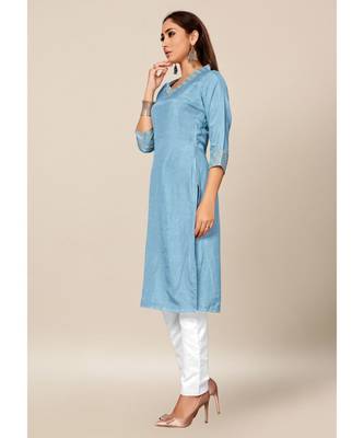 light blue Colour Dola Silk Plain quarter_sleeve V neck Stitch Kurtis 3