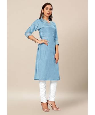 light blue Colour Dola Silk Plain quarter_sleeve V neck Stitch Kurtis 4