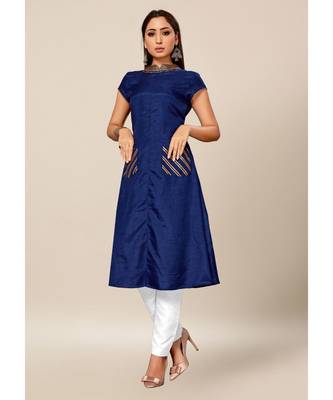 Royal Blue Colour Dola Silk Plain Cap Sleeve Collar neck Stitch Kurtis 1