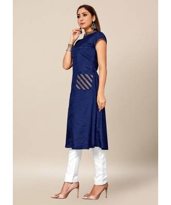 Royal Blue Colour Dola Silk Plain Cap Sleeve Collar neck Stitch Kurtis 3