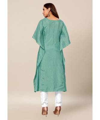 Teal Green Colour Dola Silk Plain free Style Round Neck Stitch Kaaftan 2
