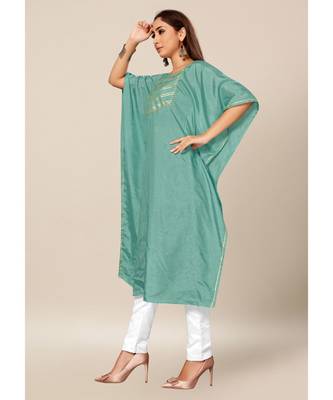 Teal Green Colour Dola Silk Plain free Style Round Neck Stitch Kaaftan 4