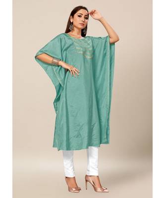 Teal Green Colour Dola Silk Plain free Style Round Neck Stitch Kaaftan 5