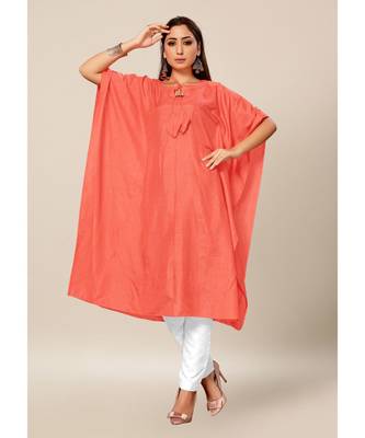 Peach Colour Dola Silk Plain free Style Round Neck Stitch Kaaftan 1