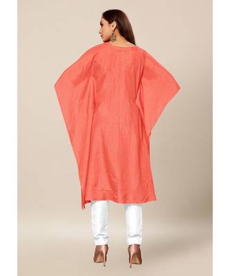 Peach Colour Dola Silk Plain free Style Round Neck Stitch Kaaftan 2