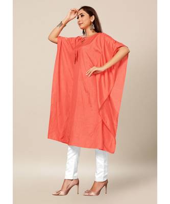 Peach Colour Dola Silk Plain free Style Round Neck Stitch Kaaftan 3