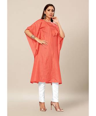 Peach Colour Dola Silk Plain free Style Round Neck Stitch Kaaftan 4