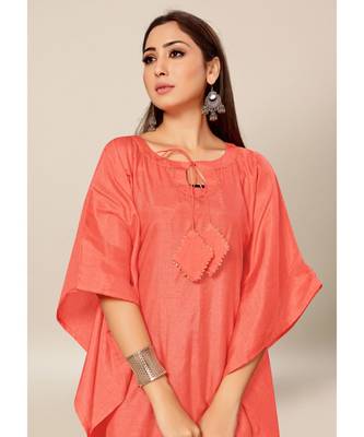 Peach Colour Dola Silk Plain free Style Round Neck Stitch Kaaftan 5