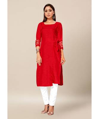 Red Colour Dola Silk Plain quarter_sleeve Round Neck Stitch Kurtis 1