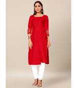 Red Colour Dola Silk Plain quarter_sleeve Round Neck Stitch Kurtis