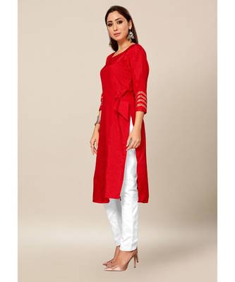 Red Colour Dola Silk Plain quarter_sleeve Round Neck Stitch Kurtis 3