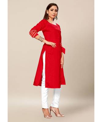 Red Colour Dola Silk Plain quarter_sleeve Round Neck Stitch Kurtis 4