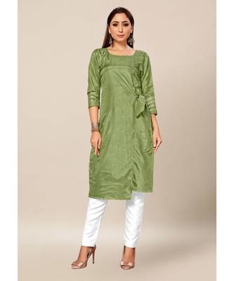 green Colour Dola Silk Plain quarter_sleeve Round Neck Stitch Kurtis 1