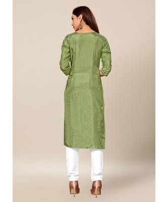 green Colour Dola Silk Plain quarter_sleeve Round Neck Stitch Kurtis 2