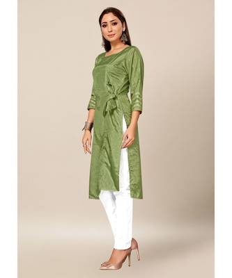 green Colour Dola Silk Plain quarter_sleeve Round Neck Stitch Kurtis 3