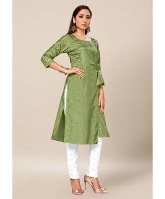 green Colour Dola Silk Plain quarter_sleeve Round Neck Stitch Kurtis 4
