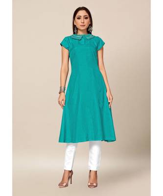 teal Blue Colour Dola Silk Plain Cap Sleeve Collar neck Stitch Kurtis 1