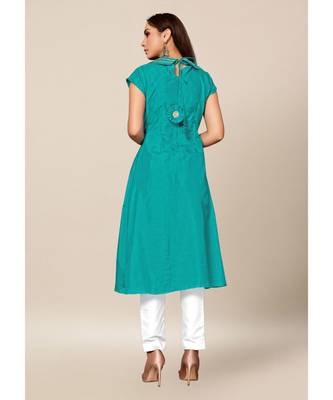 teal Blue Colour Dola Silk Plain Cap Sleeve Collar neck Stitch Kurtis 2