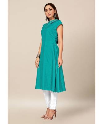 teal Blue Colour Dola Silk Plain Cap Sleeve Collar neck Stitch Kurtis 3