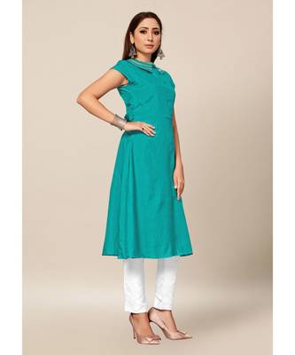 teal Blue Colour Dola Silk Plain Cap Sleeve Collar neck Stitch Kurtis 4