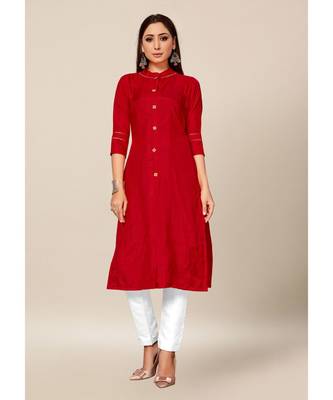 Red Colour Dola Silk Plain quarter_sleeve Chinese Collar Stitch Kurtis 1