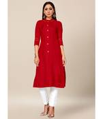 Red Colour Dola Silk Plain quarter_sleeve Chinese Collar Stitch Kurtis